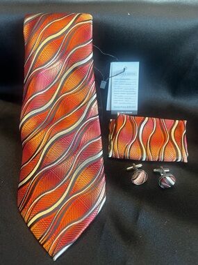 Men's Orange Wave Pattern Tie Set -